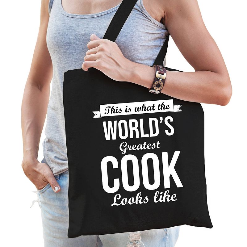 Foto van Worlds greatest cook tas zwart volwassenen - werelds beste kok cadeau tas - feest boodschappentassen