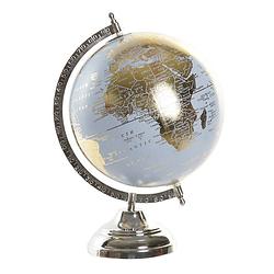 Foto van Items deco wereldbol/globe op voet - kunststof - blauw/goud - home decoratie artikel - d20 x h30 cm - wereldbollen