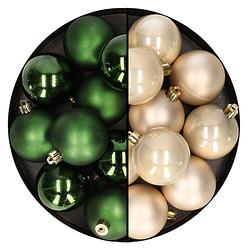 Foto van 24x stuks kunststof kerstballen mix van champagne en donkergroen 6 cm - kerstbal