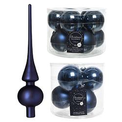 Foto van Glazen kerstballen pakket donkerblauw glans/mat 32x stuks inclusief piek mat - kerstbal