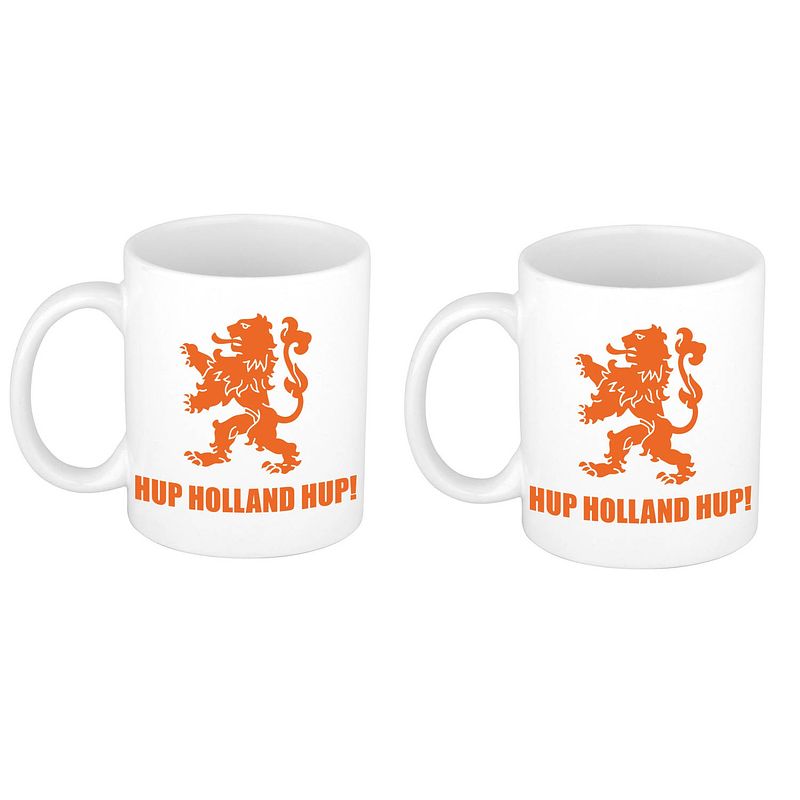 Foto van 2x stuks hup holland hup met leeuw mok/ beker wit 300 ml - feest mokken