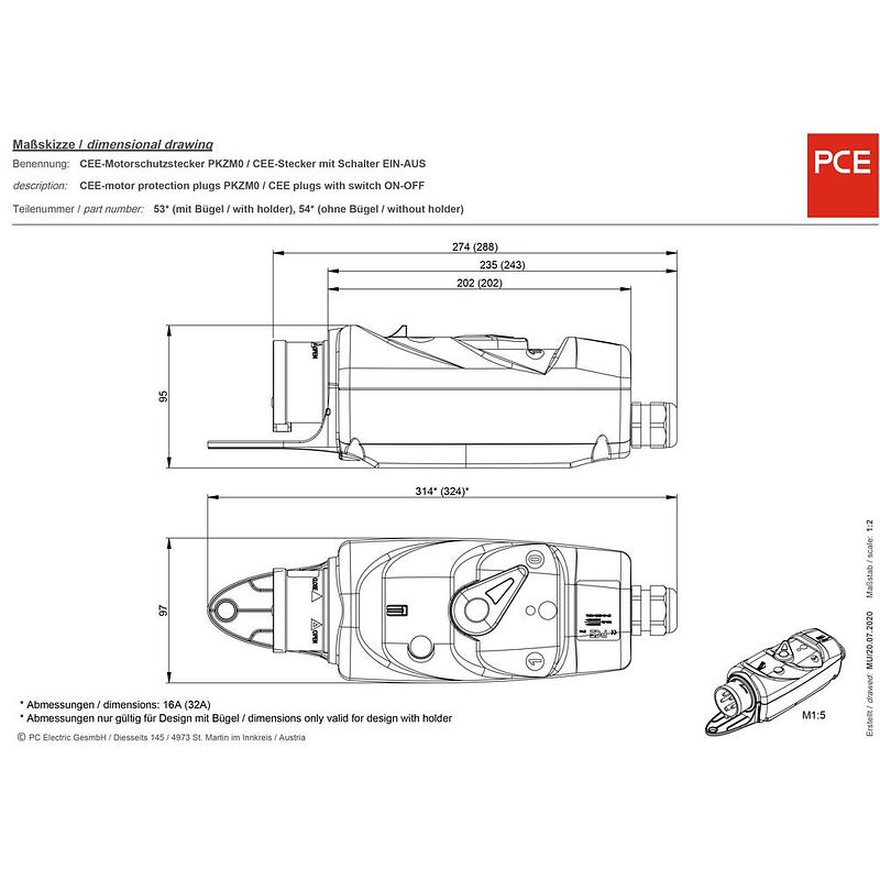 Foto van Pce pc electric 54015063 cee-motorbeschermingsstekker 16 a 5-polig 400 v 1 stuk(s)