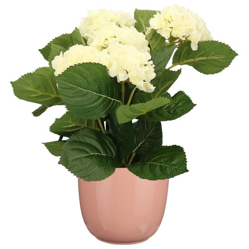 Foto van Hortensia kunstplant/kunstbloemen 36 cm - wit - in pot lichtroze glans - kunstplanten