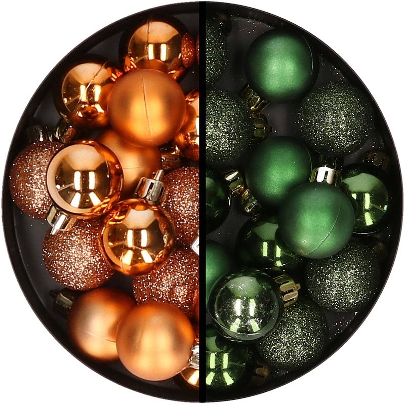 Foto van 34x stuks kunststof kerstballen koper en donkergroen 3 cm - kerstbal