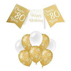 Foto van Paperdreams luxe 80 jaar feestversiering set - ballonnen & vlaggenlijnen - wit/goud - feestpakketten