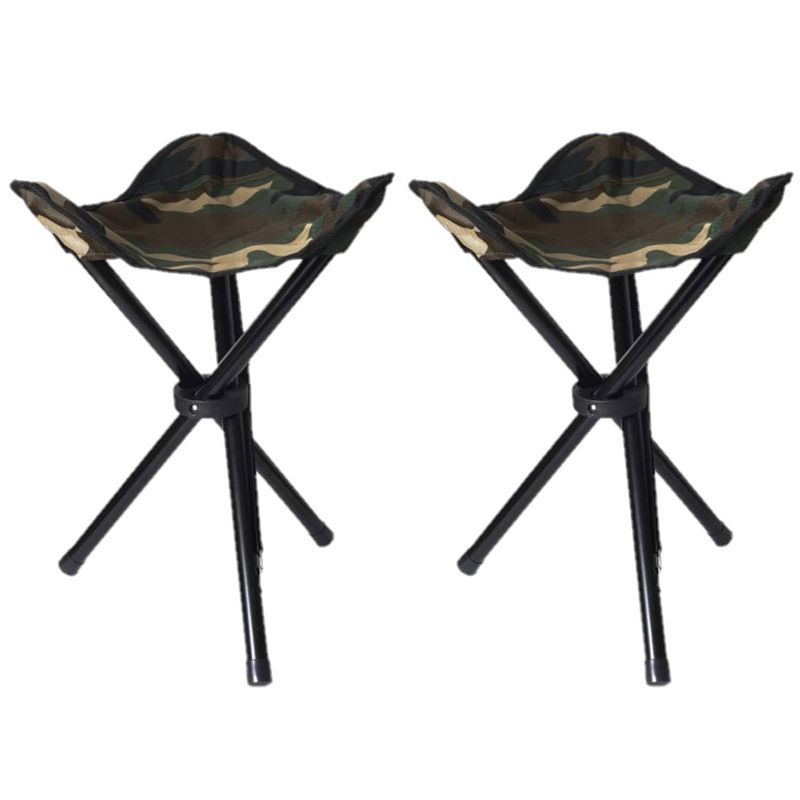 Foto van Set van 2x stuks drie poot opvouwbare krukjes camouflage leger groen 40 cm - campingkrukjes