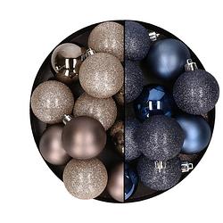 Foto van 24x stuks kunststof kerstballen mix van champagne en donkerblauw 6 cm - kerstbal