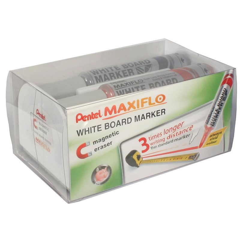 Foto van Pentel whiteboardmarker maxiflo set van 4 stuks: blauw, rood, groen en zwart + magnetische bordwisser