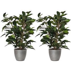 Foto van 2x stuks groene ficus kunstplant 40 cm met plantenpot zilver metallic d13.5 en h12.5 cm - kunstplanten