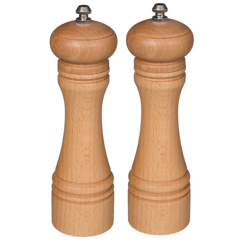 Foto van Set van 2x stuks pepermolens/zoutmolens hout beige 22 cm - peper en zoutstel