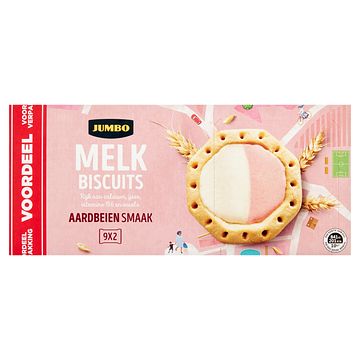 Foto van Jumbo melk biscuits aardbeiensmaak 9 x 2 stuks 41g voordeelverpakking