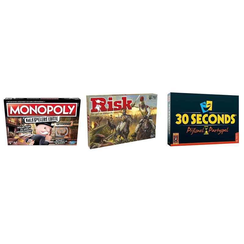 Foto van Spellenbundel - bordspellen - 3 stuks - monopoly valsspelerseditie & risk & 30 seconds