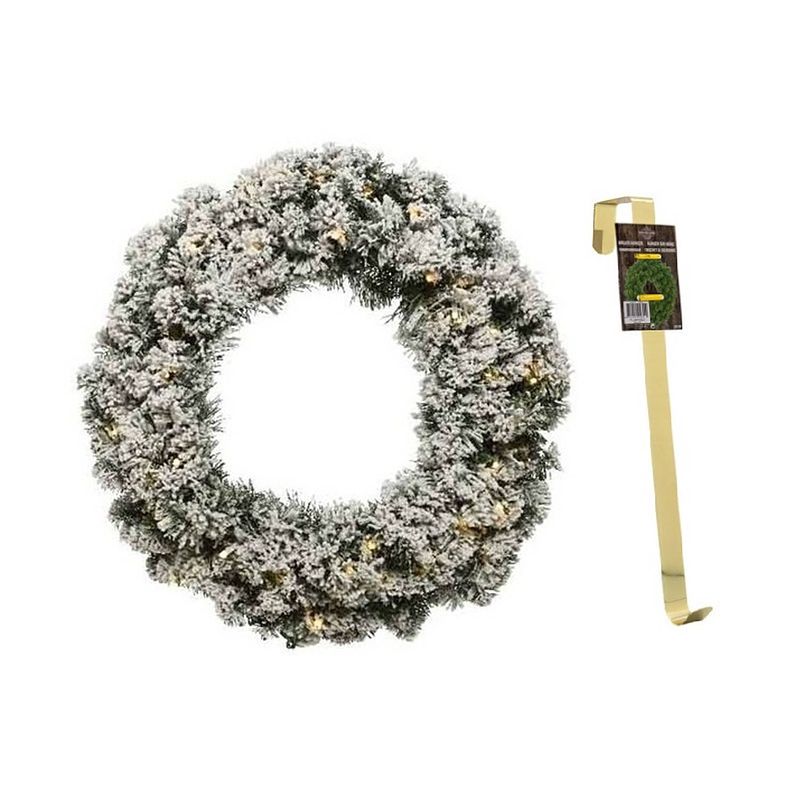 Foto van Groen/witte led kerstkrans 60 cm imperial met kunstsneeuw en met gouden hanger - kerstkransen