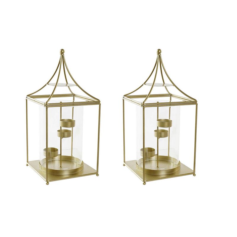 Foto van Set van 2x stuks metalen theelichthouders / lantaarns goud met glas 34 cm - lantaarns