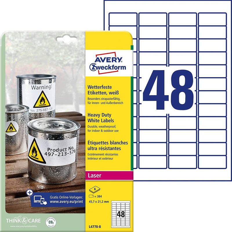 Foto van Avery-zweckform l4778-8 etiketten 45.7 x 21.2 mm polyester folie wit 384 stuk(s) permanent universele etiketten, weerbestendige etiketten laser, kopie