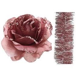 Foto van Kerstversiering kunststof glitter bloemen op clip 14 cm en folieslingers pakket oud roze 5x stuks - kersthangers