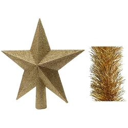 Foto van Kerstversiering kunststof glitter ster piek 19 cm en folieslingers pakket goud van 3x stuks - kerstboompieken