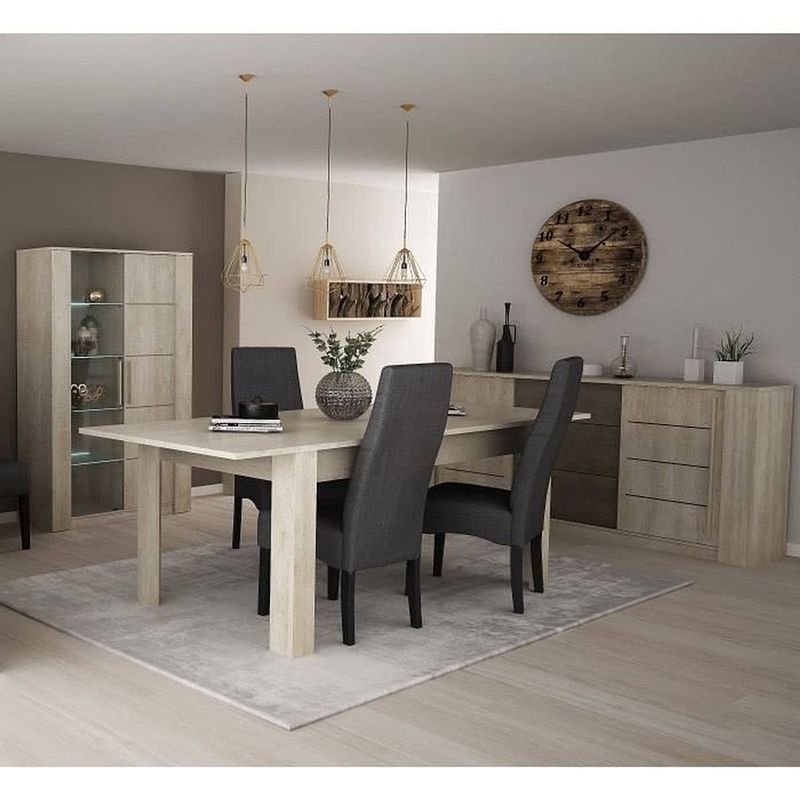 Foto van Demeyere woonkamerset eettafel 170 cm + 2 deurs dressoir + 1 vitrinekast - eiken/licht betondecor - antibes