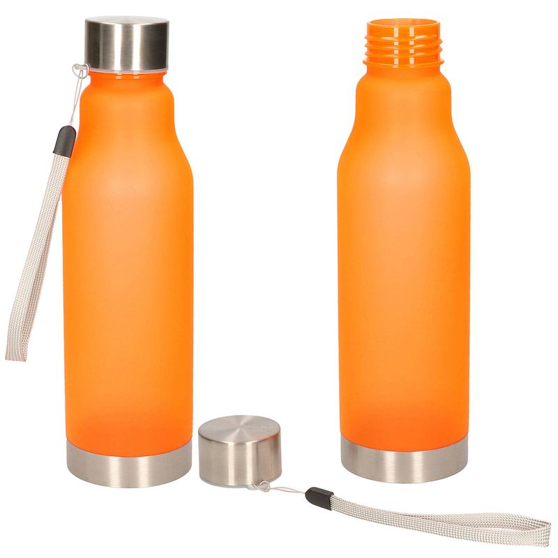 Foto van Waterfles/drinkfles/sportfles - 2x - oranje - kunststof/rvs - 600 ml - drinkflessen