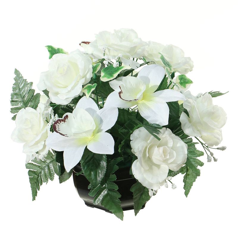 Foto van Louis maes kunstbloemen plantje in pot - kleuren creme/wit - 25 cm - bloemstuk ornament - orchidee/rozen met bladgroen -