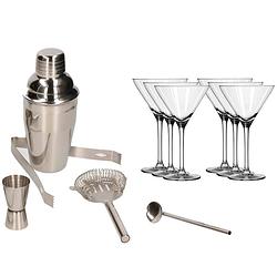 Foto van Cocktailshaker set rvs 5-delig inclusief 6x luxe cocktail/martini glazen 260 ml - cocktailshakers