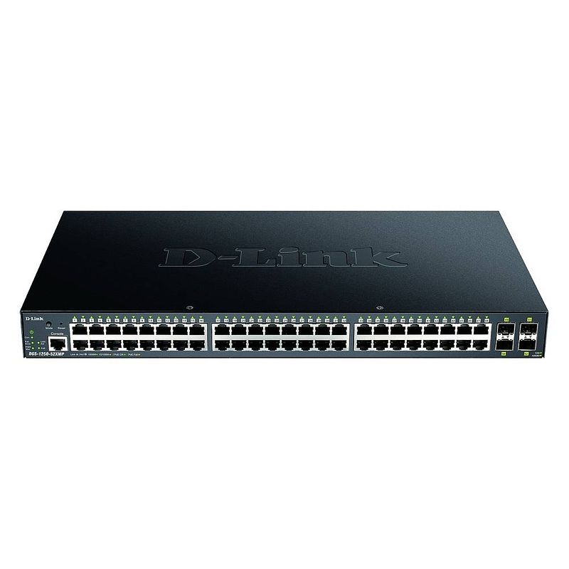 Foto van D-link dgs-1250-52xmp/e netwerk switch rj45/sfp+ 48 + 4 poorten 176 gbit/s poe-functie