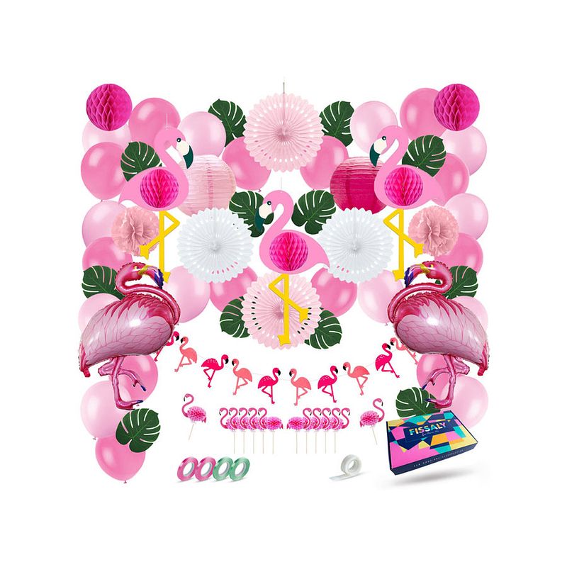 Foto van Fissaly® 69 stuks tropische flamingo feest decoratie - roze ballonnen - honeycomb versiering - hawaii & tropical