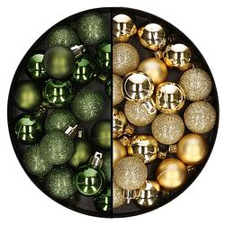 Foto van 40x stuks kleine kunststof kerstballen donkergroen en goud 3 cm - kerstbal