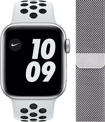 Foto van Apple watch nike se 4g 44mm zilver aluminium witte sportband + polsband milanees zilver