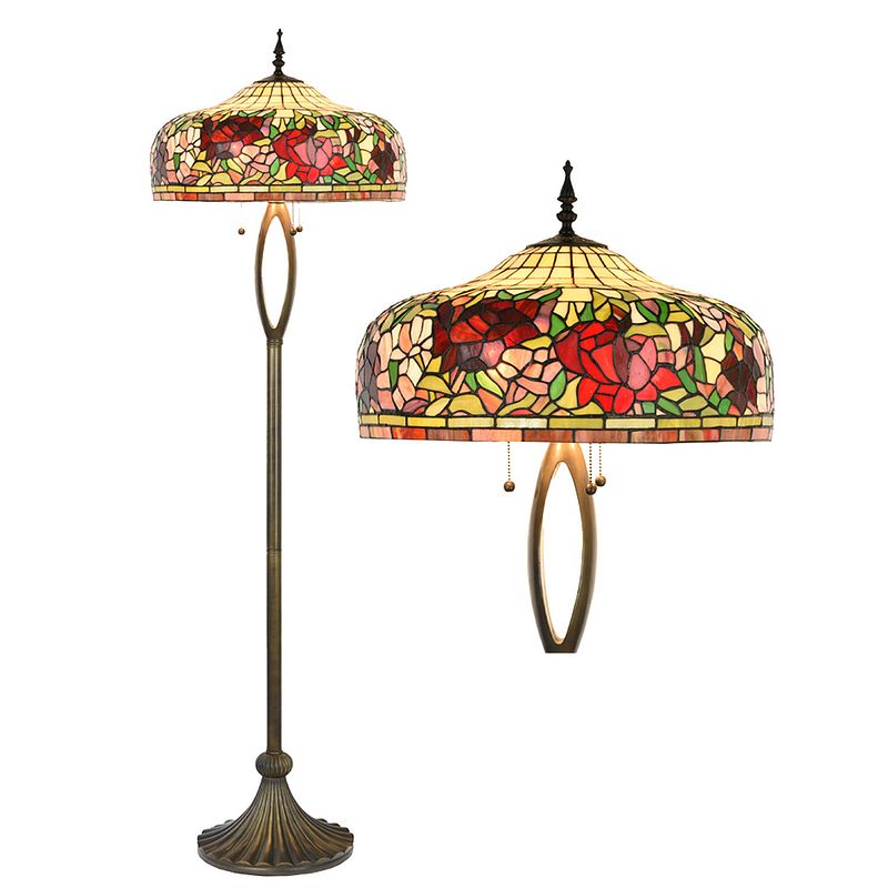 Foto van Lumilamp tiffany vloerlamp ø 48x165 cm beige glas kunststof rond bloemen staande lamp glas in lood tiffany lamp beige