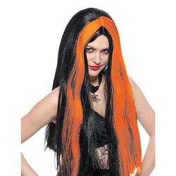 Foto van Funny fashion heksenpruik lang haar - zwart/oranje - dames - halloween - verkleedpruiken
