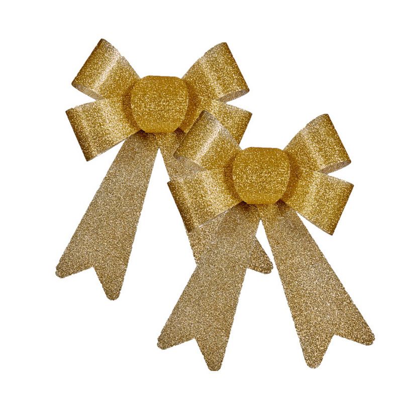 Foto van 2x stuks kerstboomversiering kleine ornament strikjes/strikken gouden glitters 15 x 17 cm - kersthangers