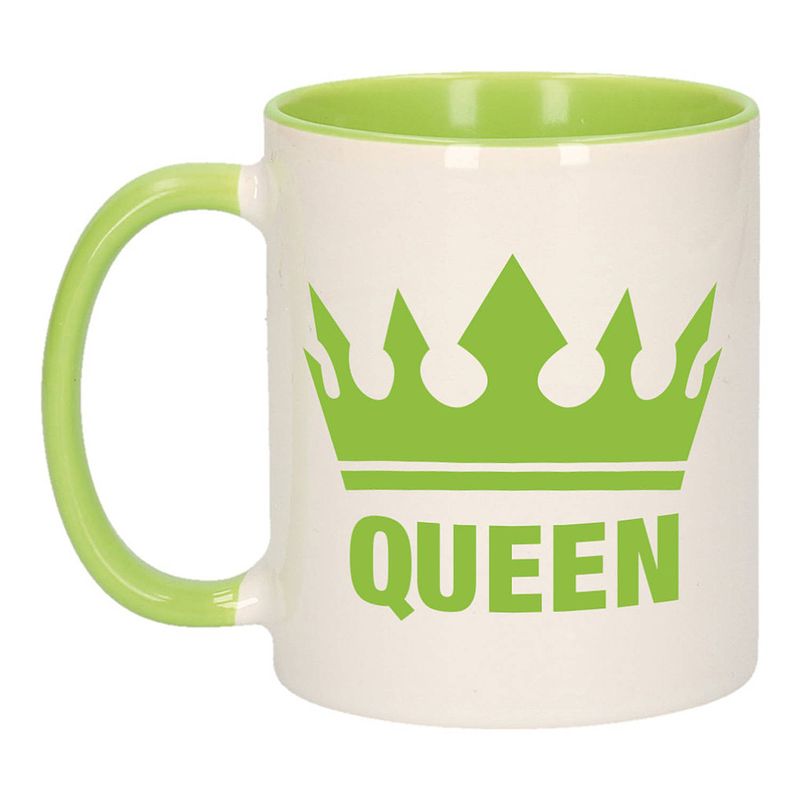 Foto van Cadeau queen mok/ beker groen wit 300 ml - feest mokken