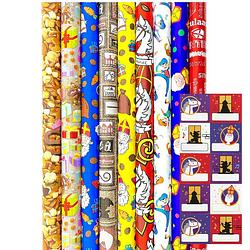 Foto van Sinterklaas cadeaupapier - assortiment sinterklaaspapier inpakpapier inc. 20 naamstickers - 300 x 70 cm - 3 rollen
