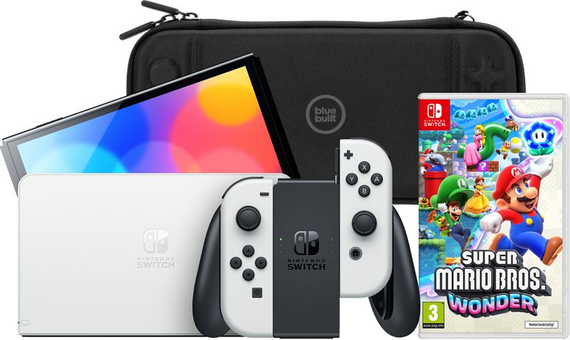 Foto van Nintendo switch oled wit + super mario bros. wonder + bluebuilt beschermhoes