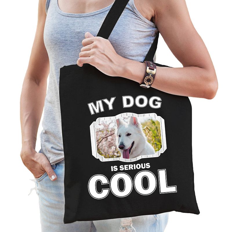 Foto van Katoenen tasje my dog is serious cool zwart - witte herder honden cadeau tas - feest boodschappentassen