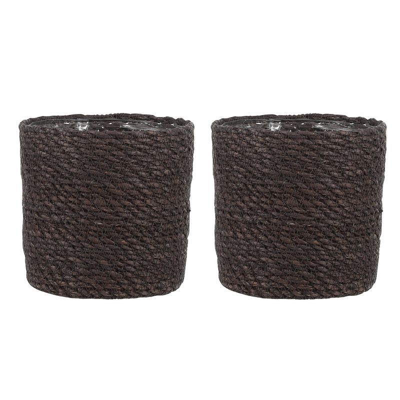 Foto van 2x stuks naturel grijs rotan planten pot mand van gedraaid jute/riet h14 en d14 cm - plantenpotten