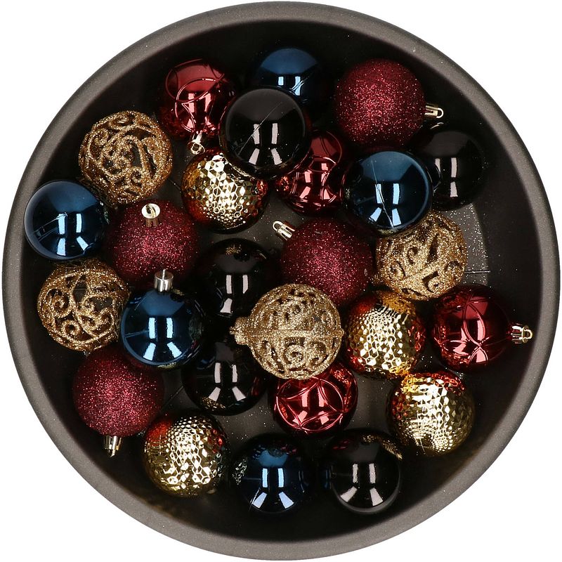 Foto van Kerstballen 37x stuks goud/blauw/rood/zwart kunststof 6 cm - kerstbal