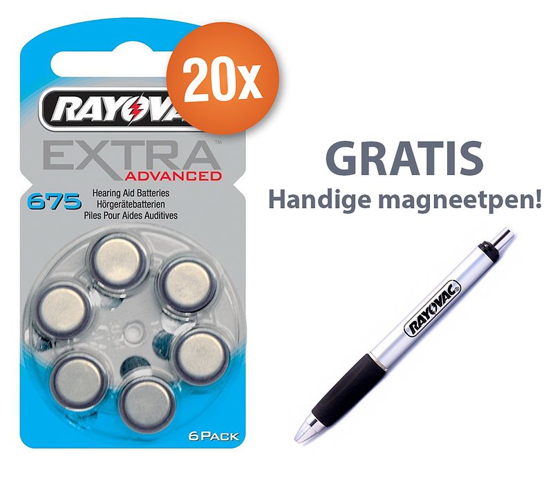 Foto van Voordeelpak rayovac gehoorapparaat batterijen - type 675 (blauw) - 20 x 6 stuks + gratis magnetische batterijpen