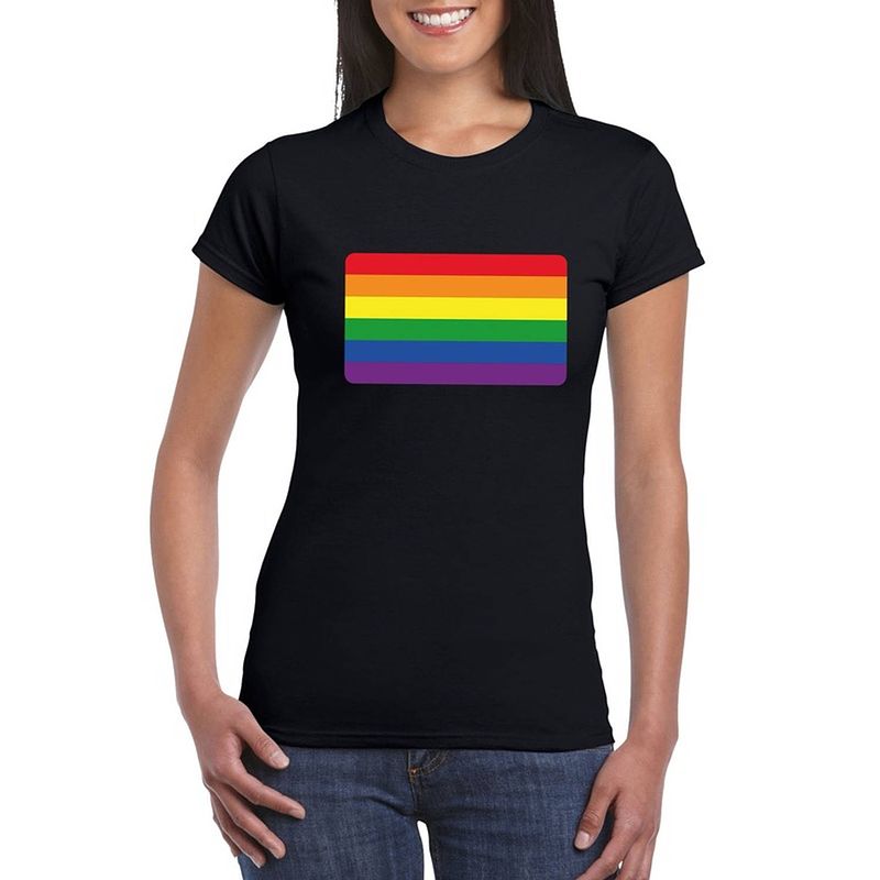 Foto van Gay pride/ lgbtshirt regenboog vlag zwart dames xs - feestshirts