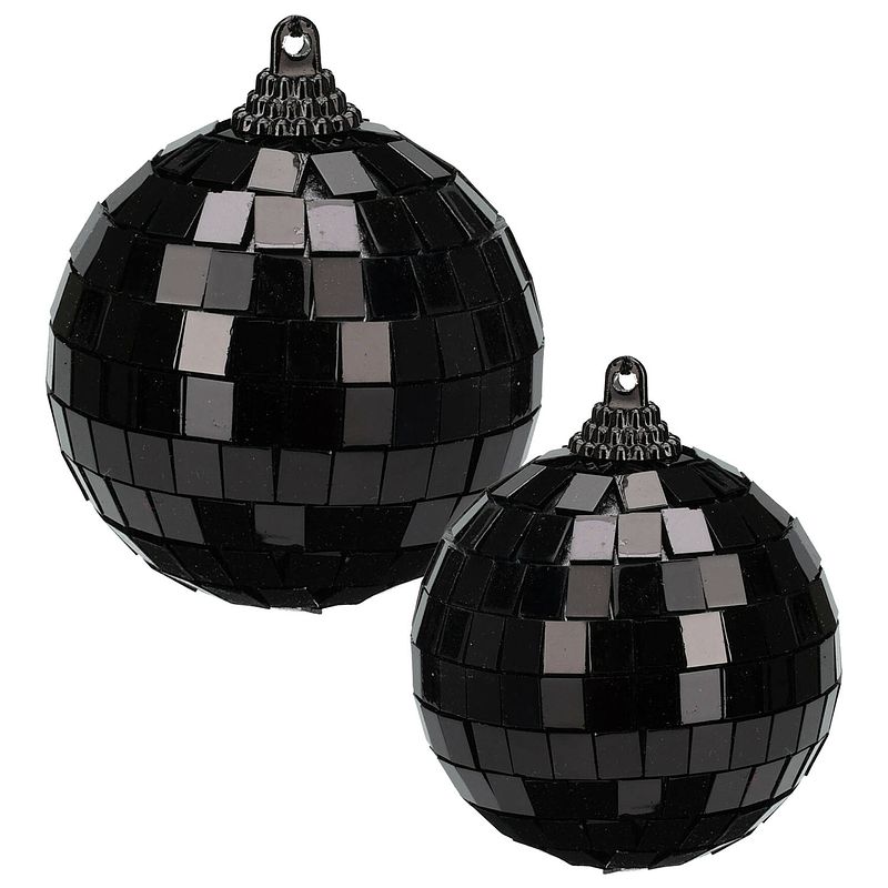 Foto van Grote discobal kerstballen - 2x stuks - zwart - 10 en 12 cm - kunststof - kerstbal