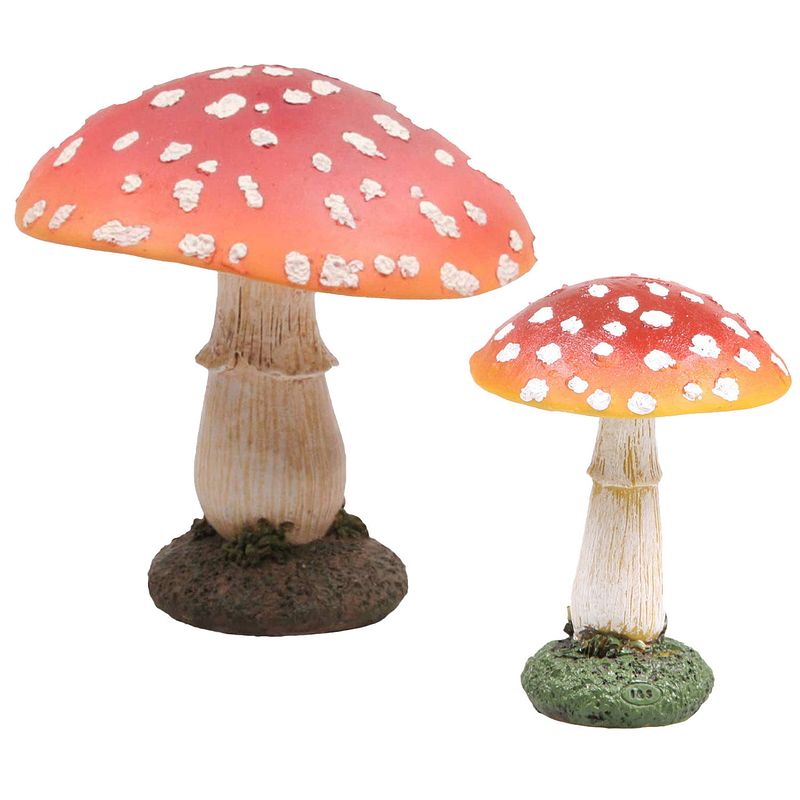 Foto van Decoratie paddenstoelen setje met 2x vliegenzwam paddenstoelen - herfst thema - tuinbeelden