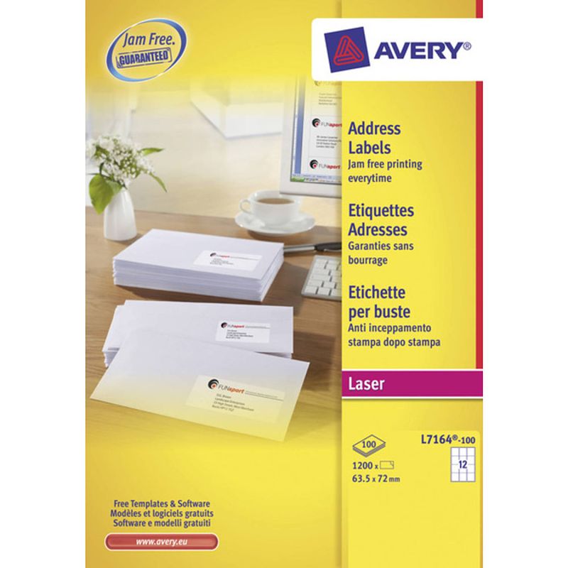 Foto van Adresetiket avery quickpeel 63,5x72 wit 100 vel 12 etiketten per vel