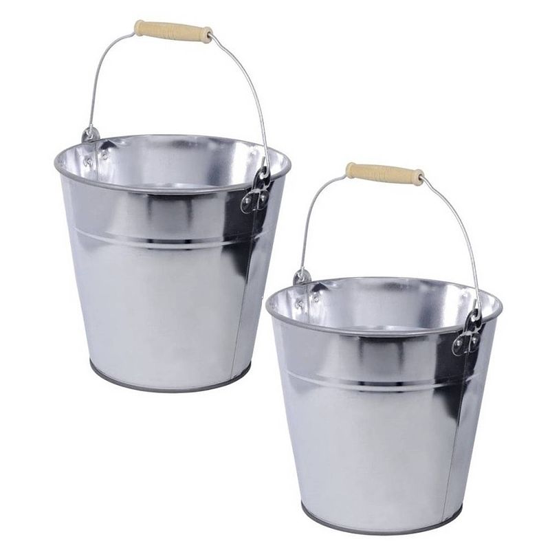 Foto van Set van 2x stuks zinken emmer/plantenpot zilver met houten handvat 8 liter - ijzeren emmer / teil