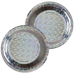 Foto van Santex feest wegwerpbordjes - glitter - 20x stuks - 23 cm - zilver - feestbordjes