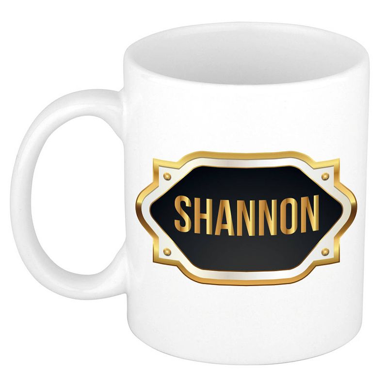 Foto van Naam cadeau mok / beker shannon met gouden embleem 300 ml - naam mokken