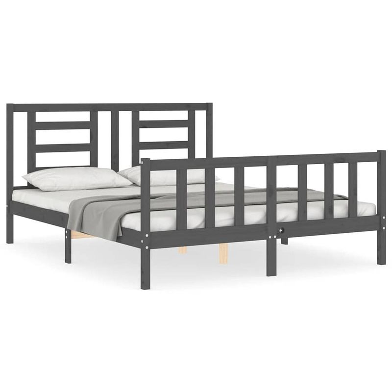 Foto van The living store bedframe met hoofdbord massief hout grijs 160x200 cm - bed