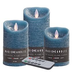 Foto van Kaarsen set van 3x stuks led stompkaarsen jeans blauw met afstandsbediening - led kaarsen
