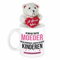 Foto van Moederdag cadeau trotse moeder van beker / mok 300 ml met beige knuffelbeertje met love hartje - feest mokken