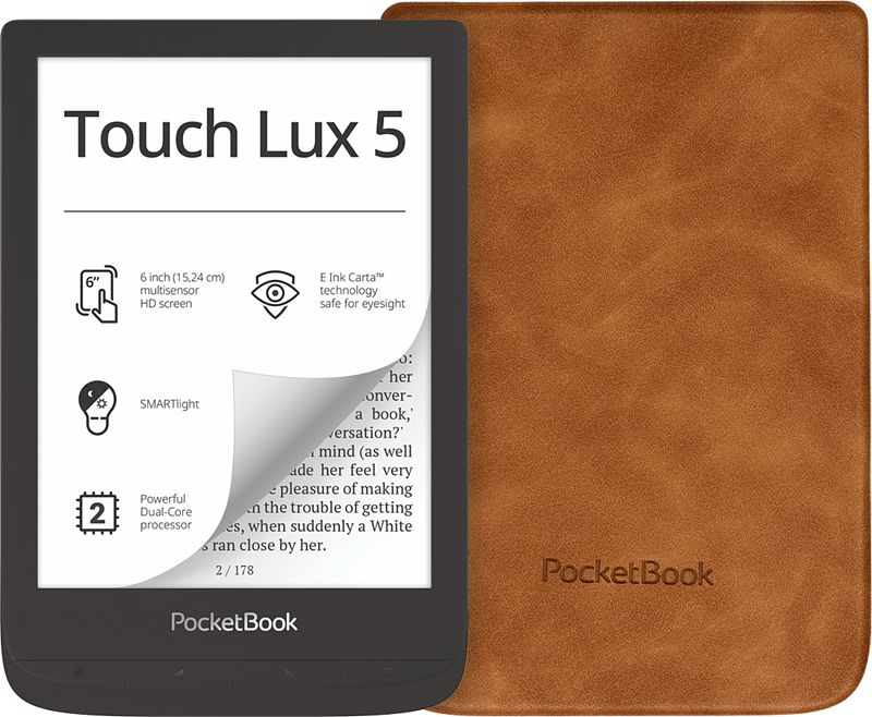 Foto van Pocketbook touch lux 5 ink zwart + pocketbook shell book case bruin